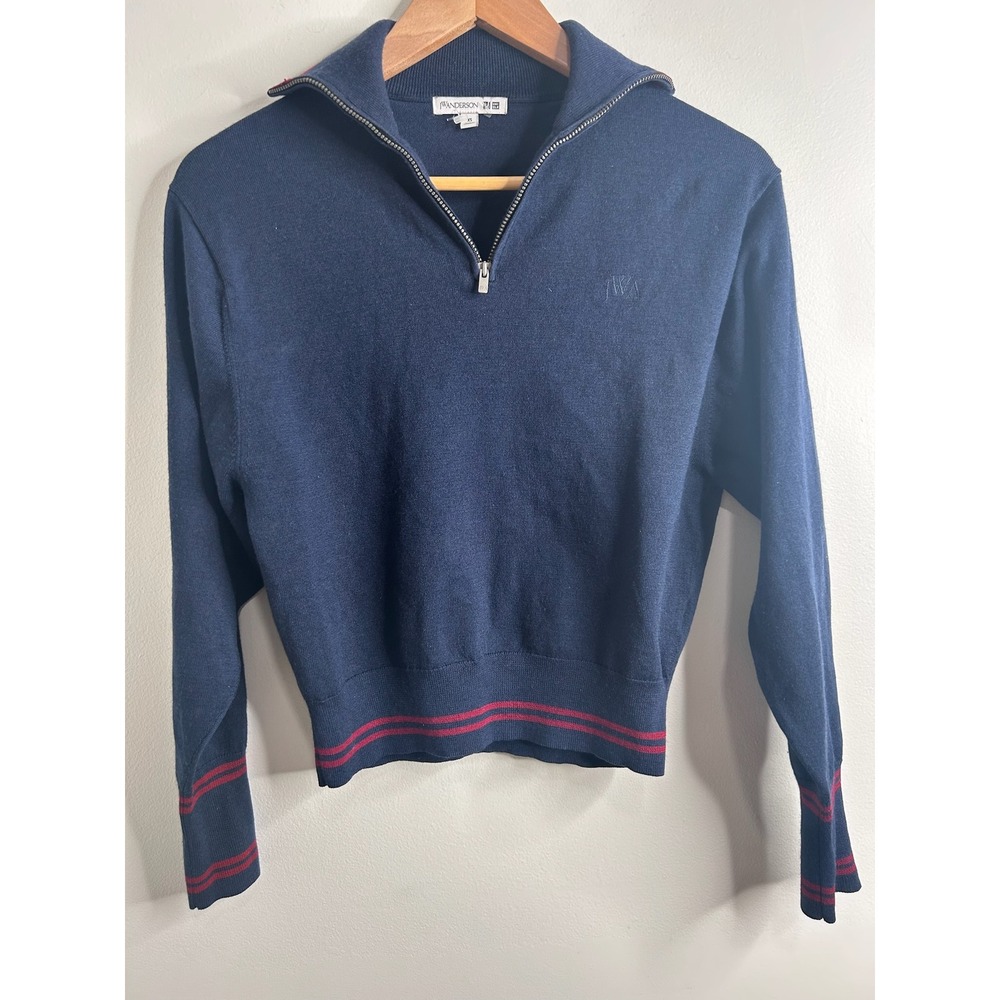 JW Anderson Uniqlo Womens Navy Blue‎ Wool Blend 1/4 Zip Sweater XS Preppy Tennis